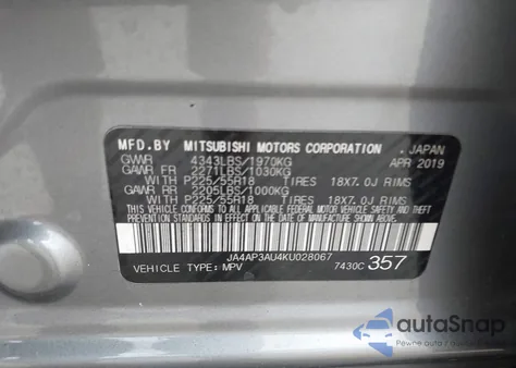 2019 Mitsubishi Outlander Sport 2.0 Es z USA, uszkodzony, nr VIN JA4AP3AU4KU028067